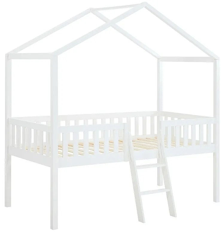 Półwysokie łóżko w formie domku 90 x 190 cm z materacem – biała sosna – NALENY