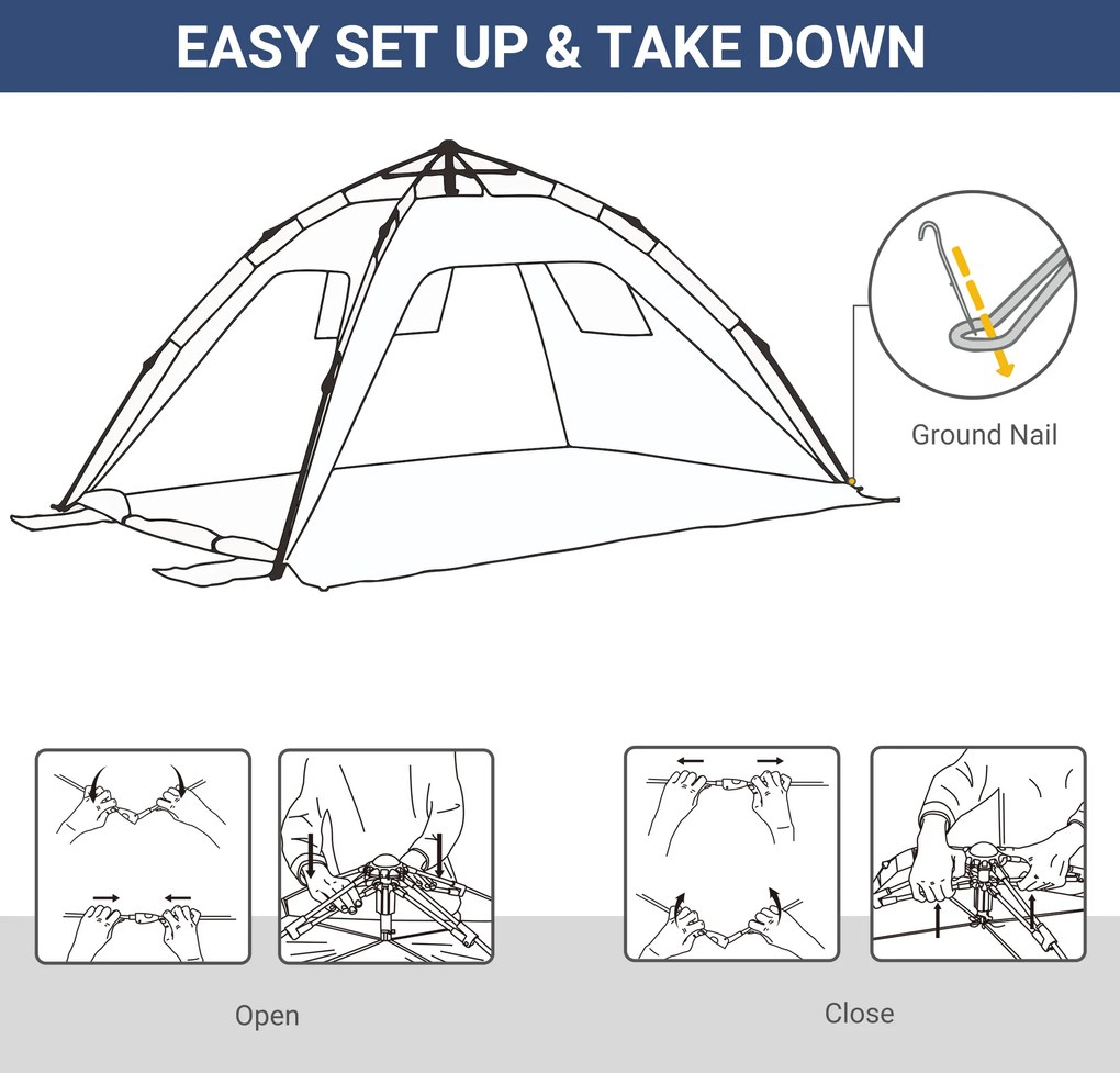 Outsunny Namiot plażowy Pop-up, rama z włókna szklanego, 4 kieszenie, okna z siatki, elastyczny, Niebieski