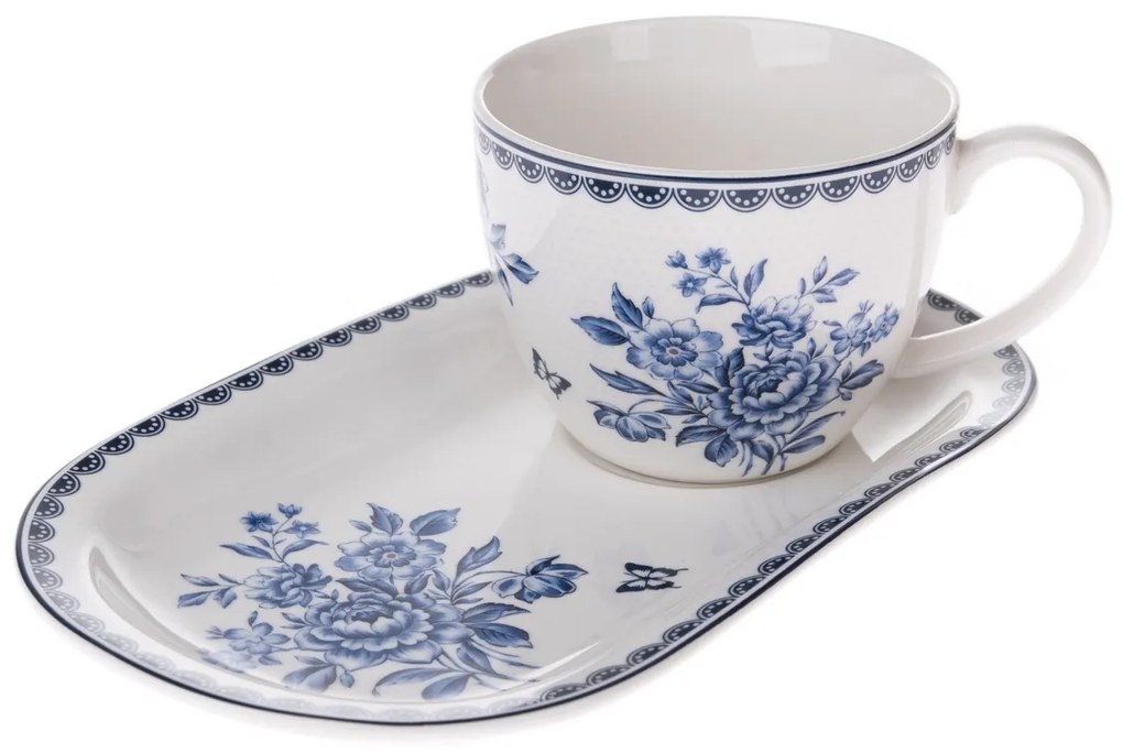 Porcelanowy kubek z tacką Blue Rose, 445 ml