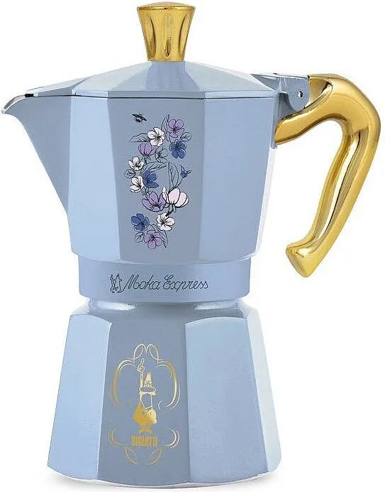 Włoski ekspres do kawy Bialetti Moka Express Birdgerton 6 filiżanek 250 ml niebieski w kwiaty z złotym uchwytem