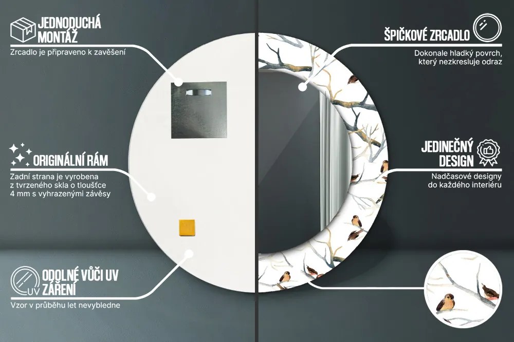 Wróbelki ptaki gałęzie Lustro z nadrukiem dekoracyjne okrągłe