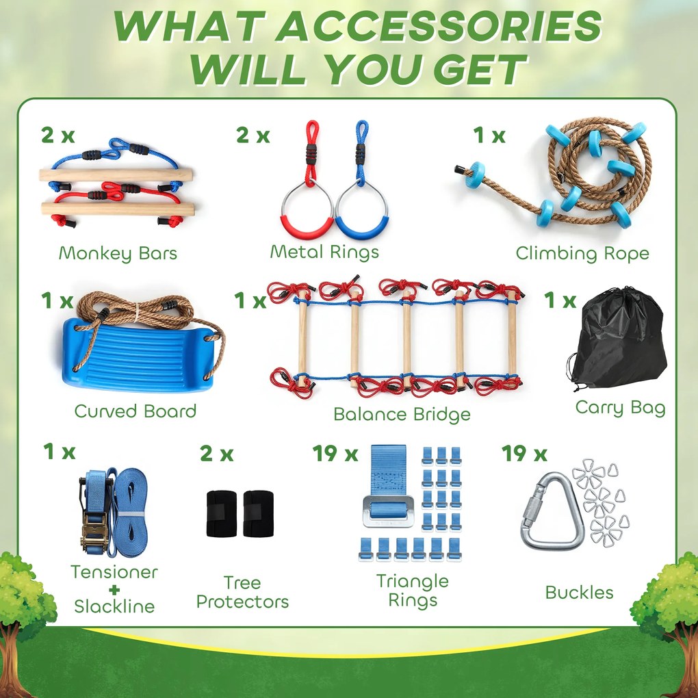 AIYAPLAY Ninja Line dla dzieci, zestaw 24 m Slackline z pierścieniami gimnastycznymi, 7 przeszkodami, mostem do balansowania, dla dzieci w wieku 3-6 lat, czerwony+niebieski | Aosom PL