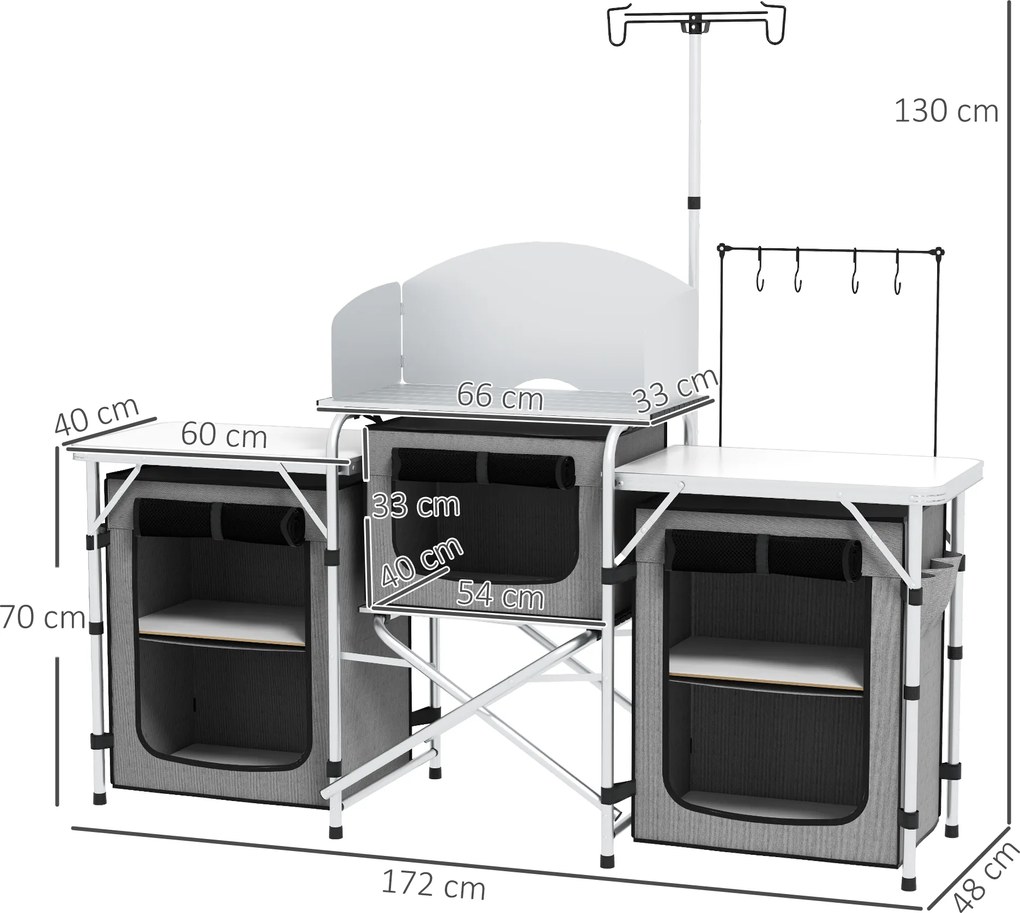 Outsunny Kuchnia kempingowa, składana, ochrona przed wiatrem, 3 kieszenie z tkaniny, rama aluminiowa, 172x48x119cm, Szary/Srebrny