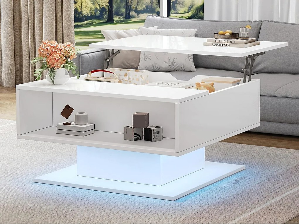 Podnoszony stolik kawowy 80x77x40 cm - Design wysokopółbłyszczący - Z oświetleniem LED - Półotwarte miejsce do przechowywania - Biały