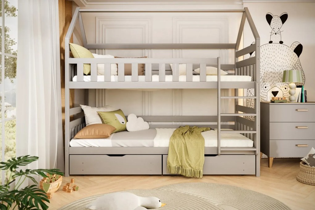 Łóżko piętrowe domek FELIKS 200x90 szare drewniane KOCOT KIDS