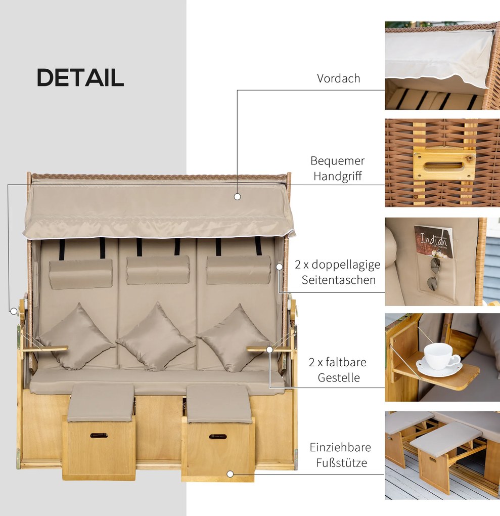Outsunny Leżak plażowy dla 3 osób z daszkiem, 2 składanymi stolikami, podnóżkiem, chaise longue, 5-stopniowym oparciem, XXL, Polyrattan, naturalny, 150 x 79 x 160 cm