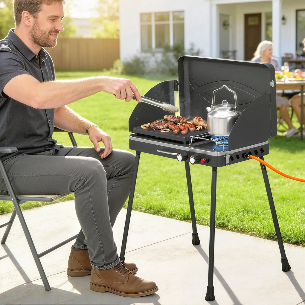 Outsunny Przenośny grill gazowy 2 palniki 5,9 kW 2-w-1 grill stołowy z pieczeniem składane nogi ruszt osłona przeciwwiatrowa pokrywa zamknięcie | Aosom PL