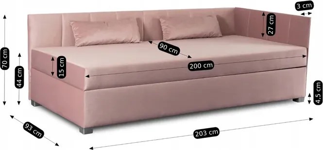 Łóżko Tapczan Młodzieżowe KARO 2 90x200 cm Narożne Różowe