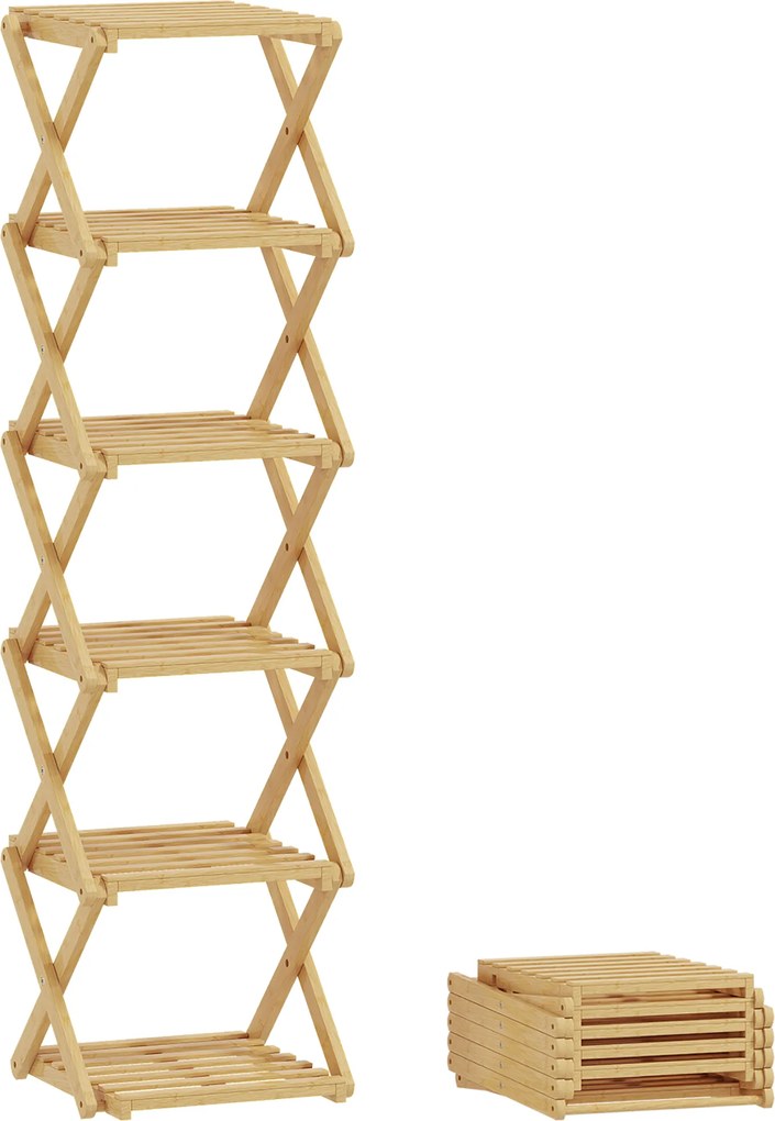 HOMCOM Regał na buty, składany stojak z 6 poziomami z bambusa, dla maks. 9 par butów, 30 x 29 x 108 cm, naturalny | Aosom PL