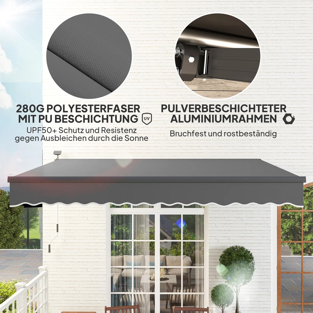 Outsunny Markiza z Korbką i Oświetleniem LED Solarne, UV 50+, 400 cm Szerokość, Szara