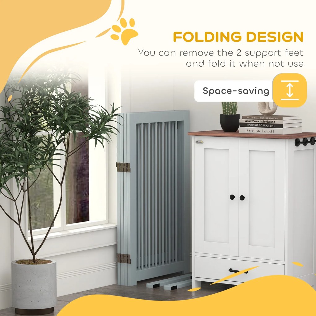 PawHut Bramka Zabezpieczająca dla Psów, Wolnostojąca, Składana, z Drzwiami i Nóżkami, Rama Drewniana, 220x36x91cm, Jasnoszary