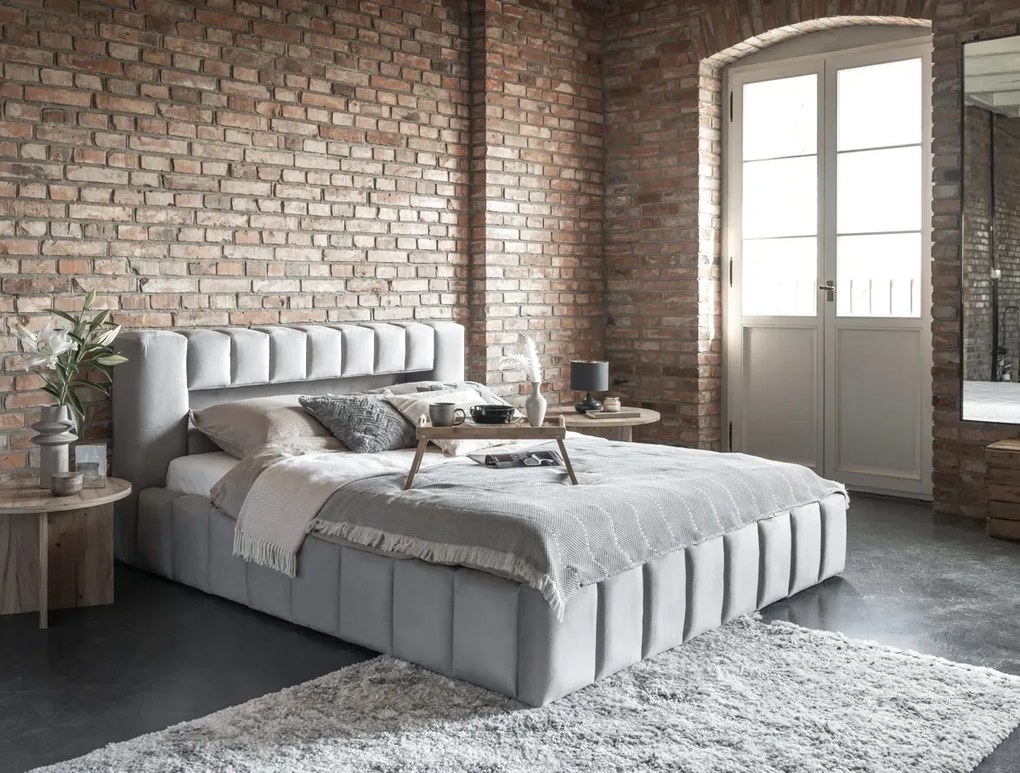 Łóżko tapicerowane LAMICA VELVET 160x200 jasnoszare z pojemnikiem ELTAP