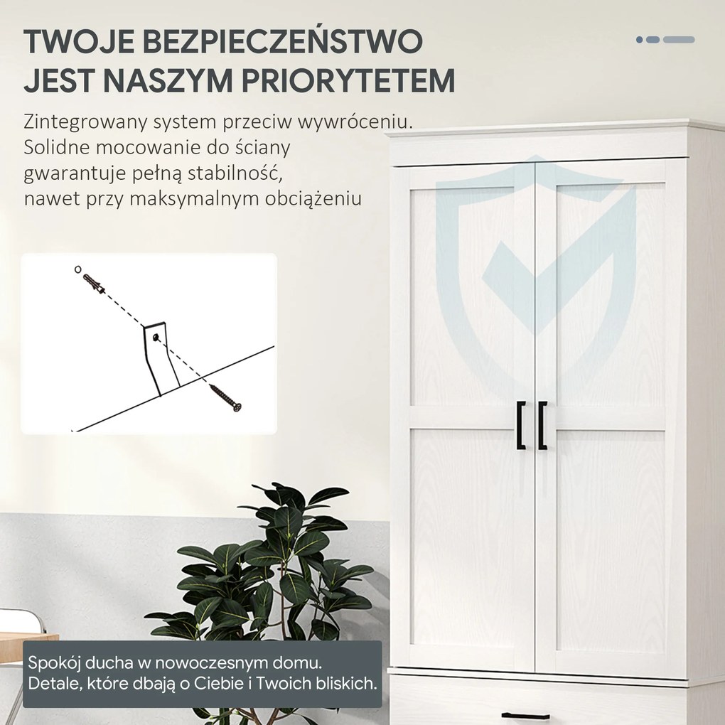 HOMCOM Samodzielnie stojąca szafka kuchenna z regulowanymi półkami i dwoma szerokimi szufladami do salonu, kuchni, Biała