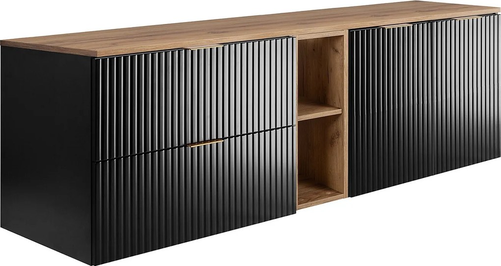 Zestaw łazienkowy: szafka z szufladami, szafka z drzwiami i regał 57×46×180 cm, kolor: Dąb Craft / czarny, uchwyt złoty