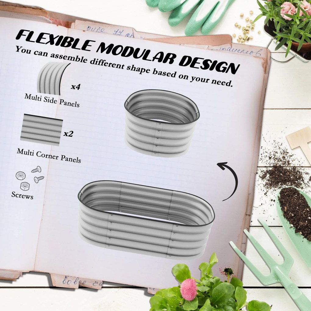 Outsunny Hochbeet Donica Warzywna, modularne łóżko wysokie, zabezpieczone krawędzie, design bez dna,  105 x 62 x 30 cm, Srebrny