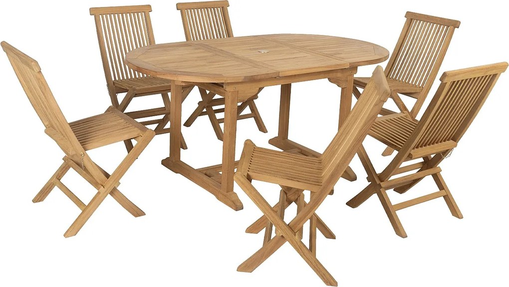 Zestaw mebli ogrodowych z drewna tekowego: rozkładany stół  dł. 120/170 cm i 6 składanych krzeseł - Jasny naturalny - BYBLOS II od MYLIA