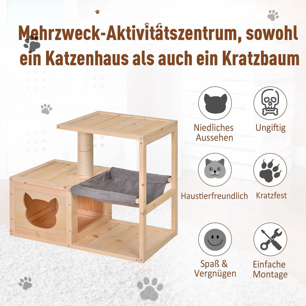 PawHut wielofunkcyjny domek dla kota z drapakiem hamakiem i słupkiem sizalowym drewno jodłowe naturalne | Aosom PL