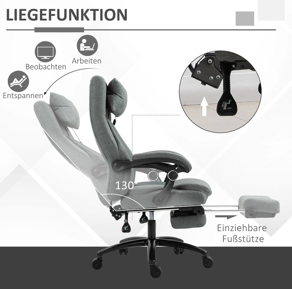 Vinsetto Fotel biurowy z masażerem obrotowy z podnóżkiem regulowany wysoki do 115 kg szary | Aosom PL