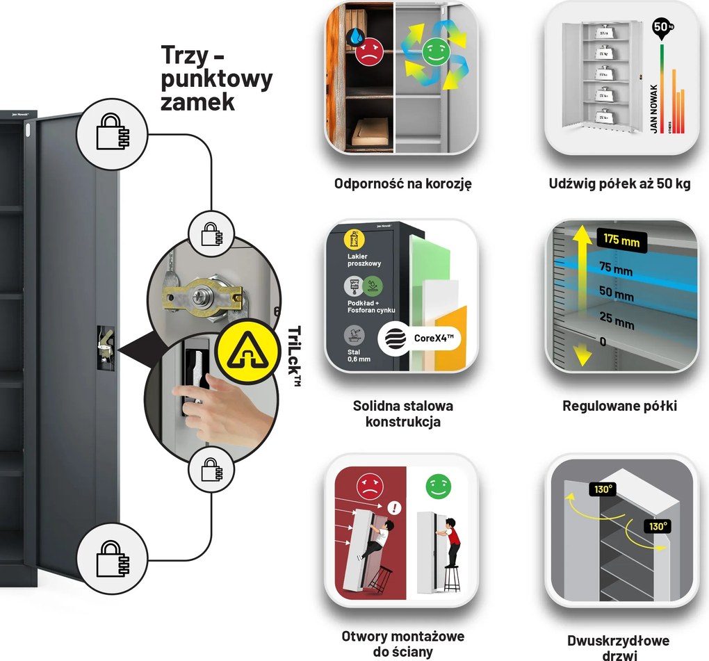 Szafa biurowa na dokumenty antracytowa: JAN, 900 x 1850 x 400 mm