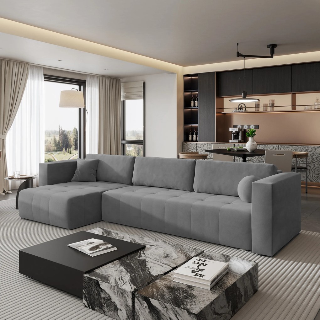 Masseno Narożnik OLVERA z funkcją spania i pojemnikiem na pościel Narozniki L, Rozkładana sofa - Szary, KRONOS 15