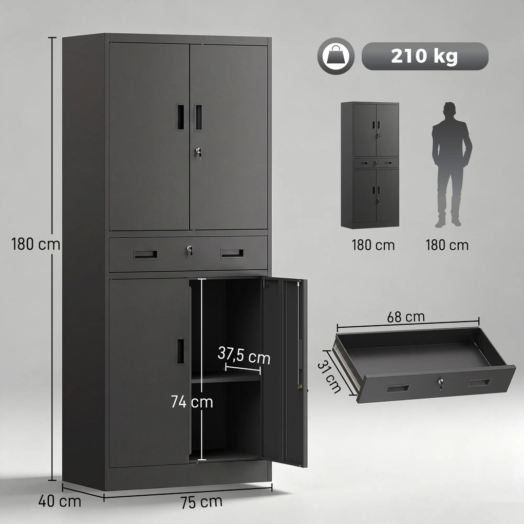 HOMCOM Szafa metalowa 180 cm, zamykana szafka narzędziowa z szufladą i regulowanymi półkami, Czarna | Aosom PL