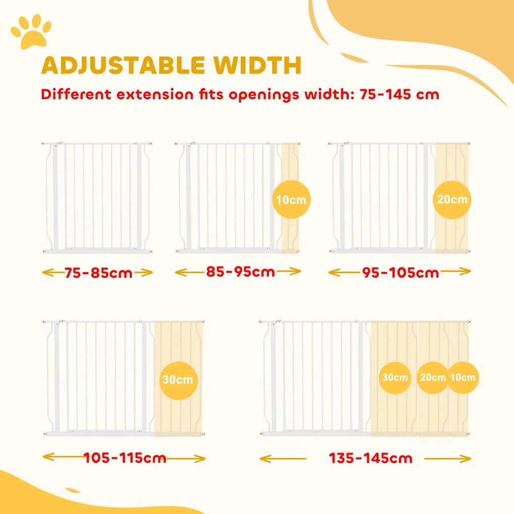 PawHut Bramka Ochronna dla Psów, Regulowana 75-145cm, Montaż Bez Wiercenia, Stalowa Rama, Biały