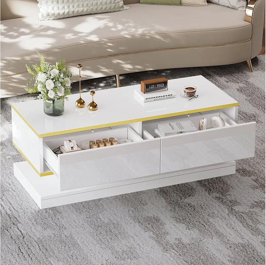 Błyszczący stolik kawowy z 2 szufladami, biały i złoty - Do salonu