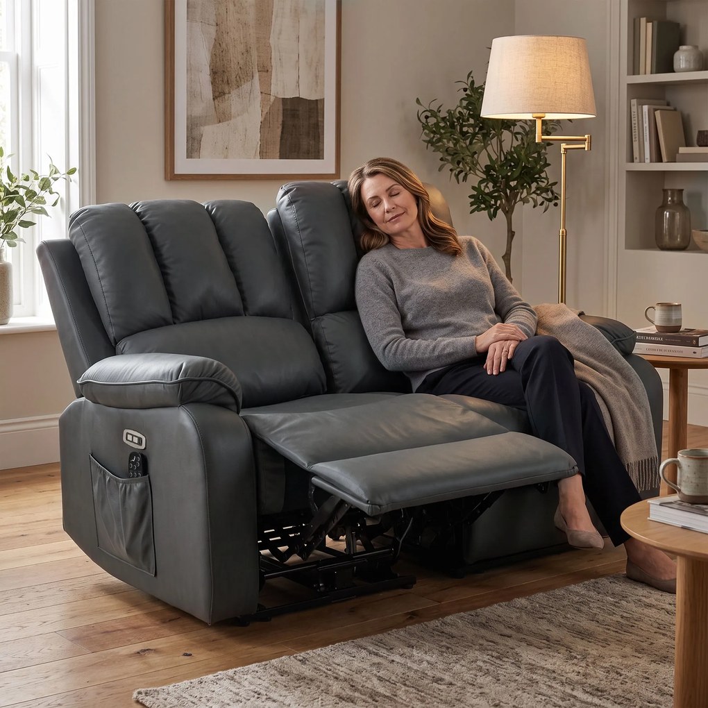 HOMCOM Dwuosobowa elektryczna sofa relaksacyjna z Leathaire, funkcją masażu i ogrzewania, 2 piloty, złącza USB/USB‑C | Aosom PL