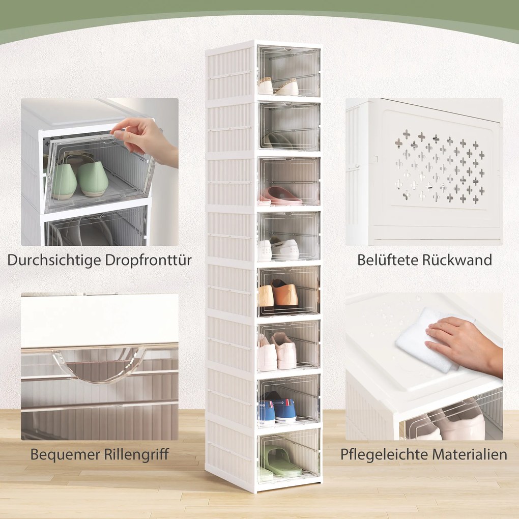 HOMCOM Regał na Buty 8-Poziomowy, Składany, z Wentylowanym Tyłem, Plastikowy, Biały