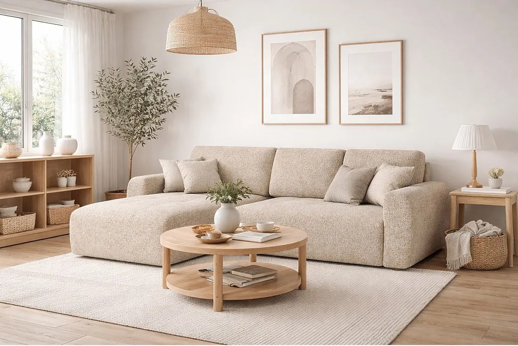 Narożnik w kształcie L z funkcją spania i pojemnikiem Ivo L, tkanina szenilowa Artico, Beżowy, Lewy