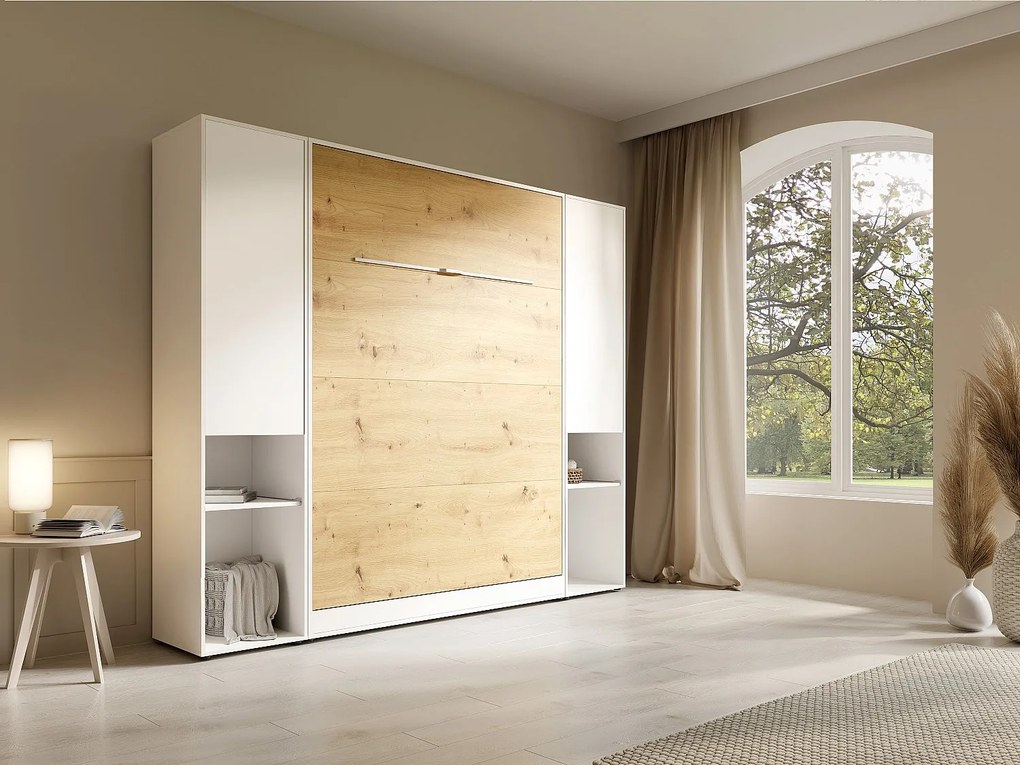 Łóżko chowane w szafie pionowe 140 x 200 cm - 2 kolumny do przechowywania - Z oświetleniem LED - Białe i naturalne + Materac - RAPILI