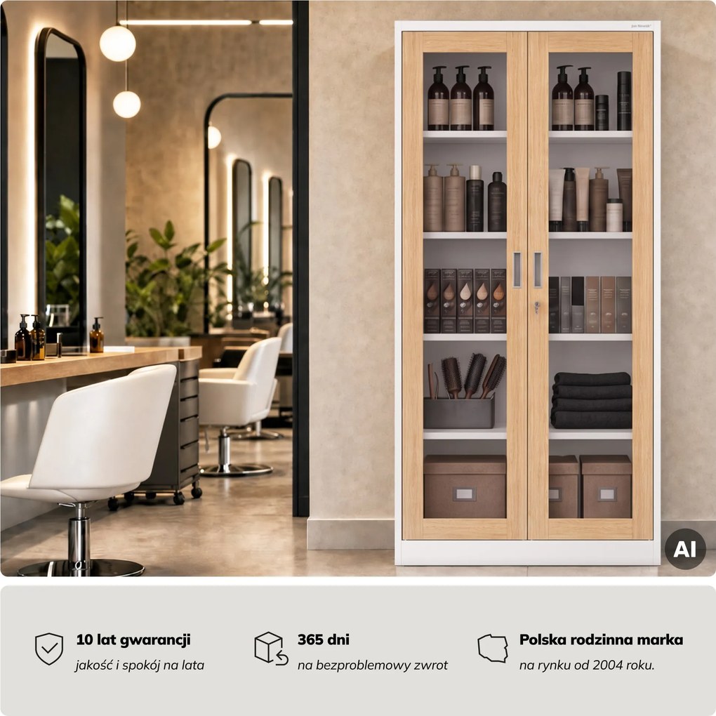 Witryna przeszklona metalowa wysoka z zamkiem biała/dąb sonoma, 900x1850x400 mm: AMELIA Eco Design