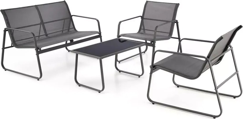 Zestaw ogrodowy Milagros – elegancka sofa, dwa fotele i szklany stolik kawowy z stalową ramą na taras i do ogrodu”