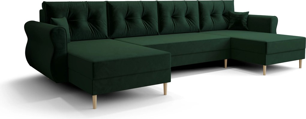 Rozkładana sofa narożna w kształcie U SILVIANO 300x140 cm, ciemnozielona + 2 poduszki GRATIS