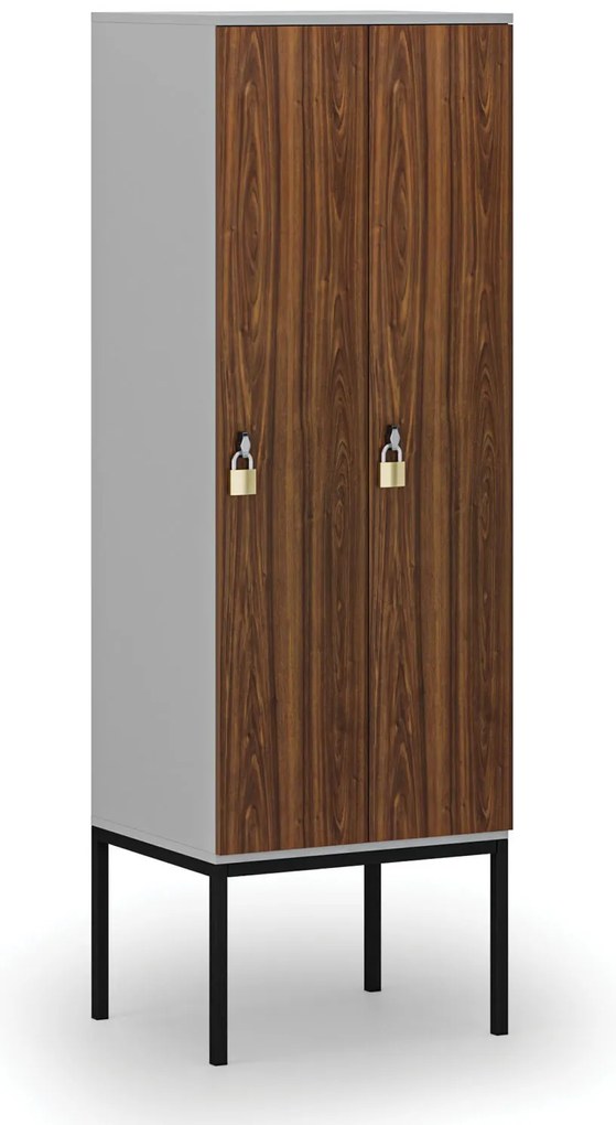 Drewniana szafa ubraniowa S4 z podstawą, 2-drzwiowa, 1871 x 600 x 500 mm, demontaż, zamek obrotowy, szary/orzech