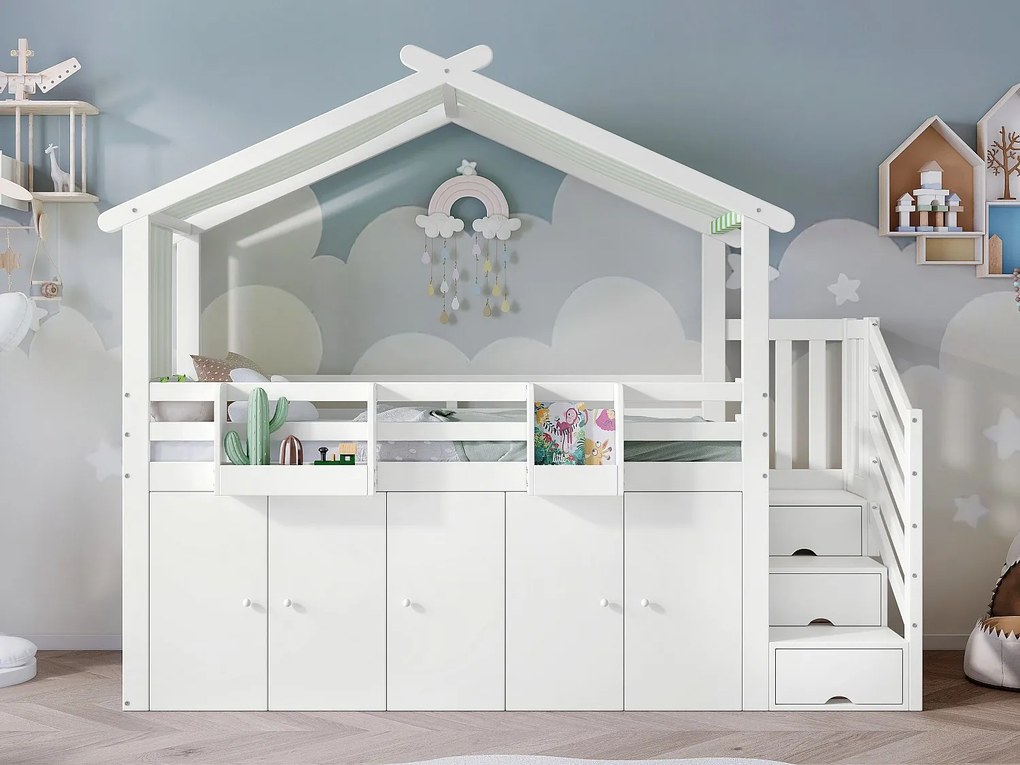 Łóżko mezzanine 90x200 cm - z litego drewna - z 1 szafą, 2 schowkami i schodami do przechowywania - Białe