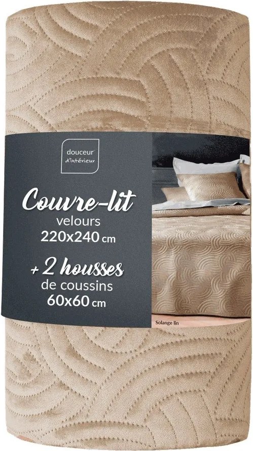 Beżowy aksamitny zestaw narzuty na łóżko i poszewki na poduszkę 220x240 cm Solange – douceur d'intérieur