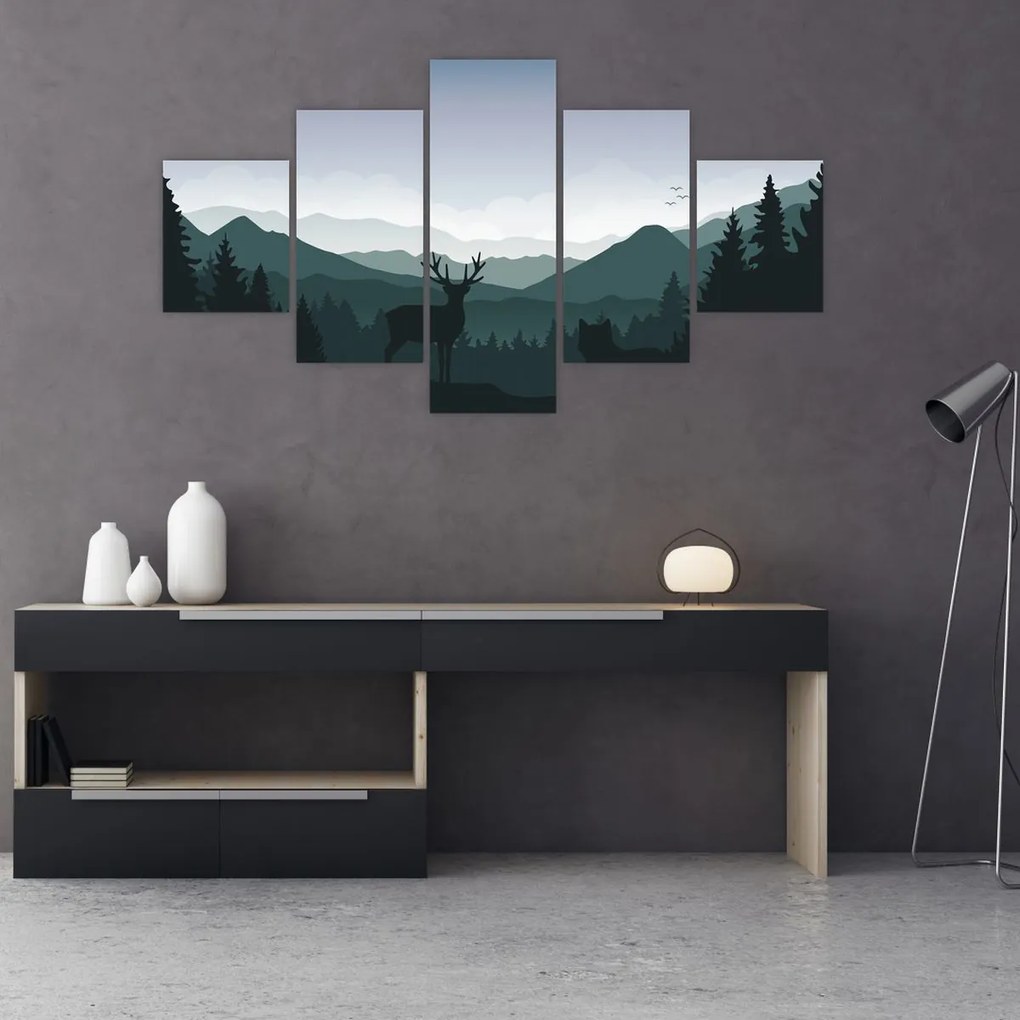 Obraz - Jeleń z wilkiem w skałach (125x70 cm)