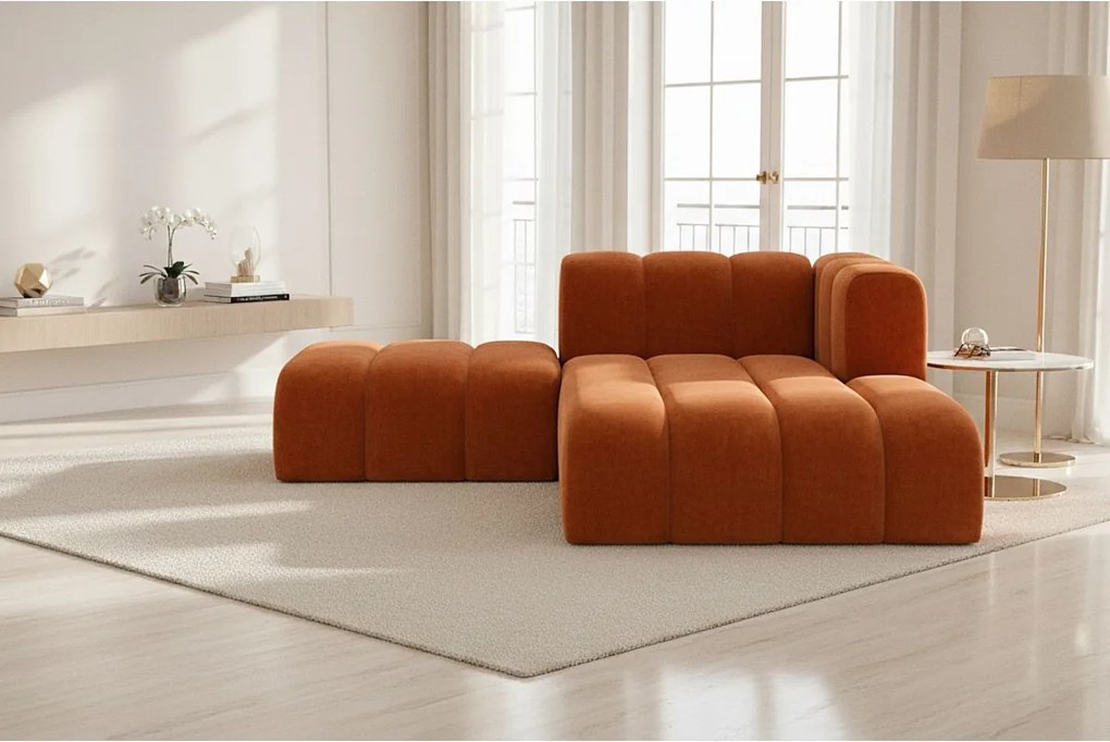 Szezlong z pufą Grand, tkanina Salvador, Brązowy, Prawy