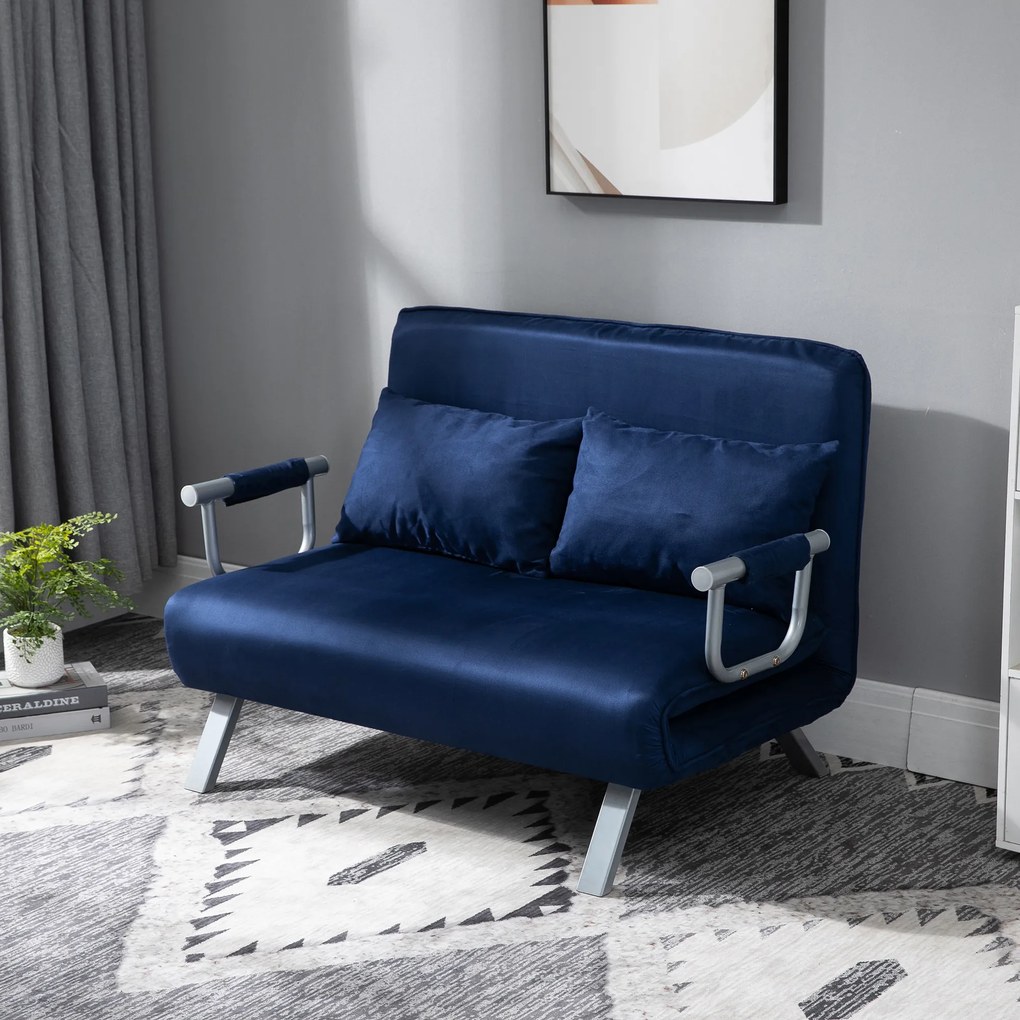 HOMCOM Sofa do Spania, 5-stopniowa Regulacja, Imitacja Zamszu, Rama Metalowa, w zestawie Poduszki, Granatowa