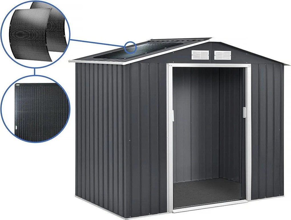 Metalowy domek ogrodowy "Vegas" 2,7 m² z panelami słonecznymi - Szary, Zintegrowane przechowywanie
