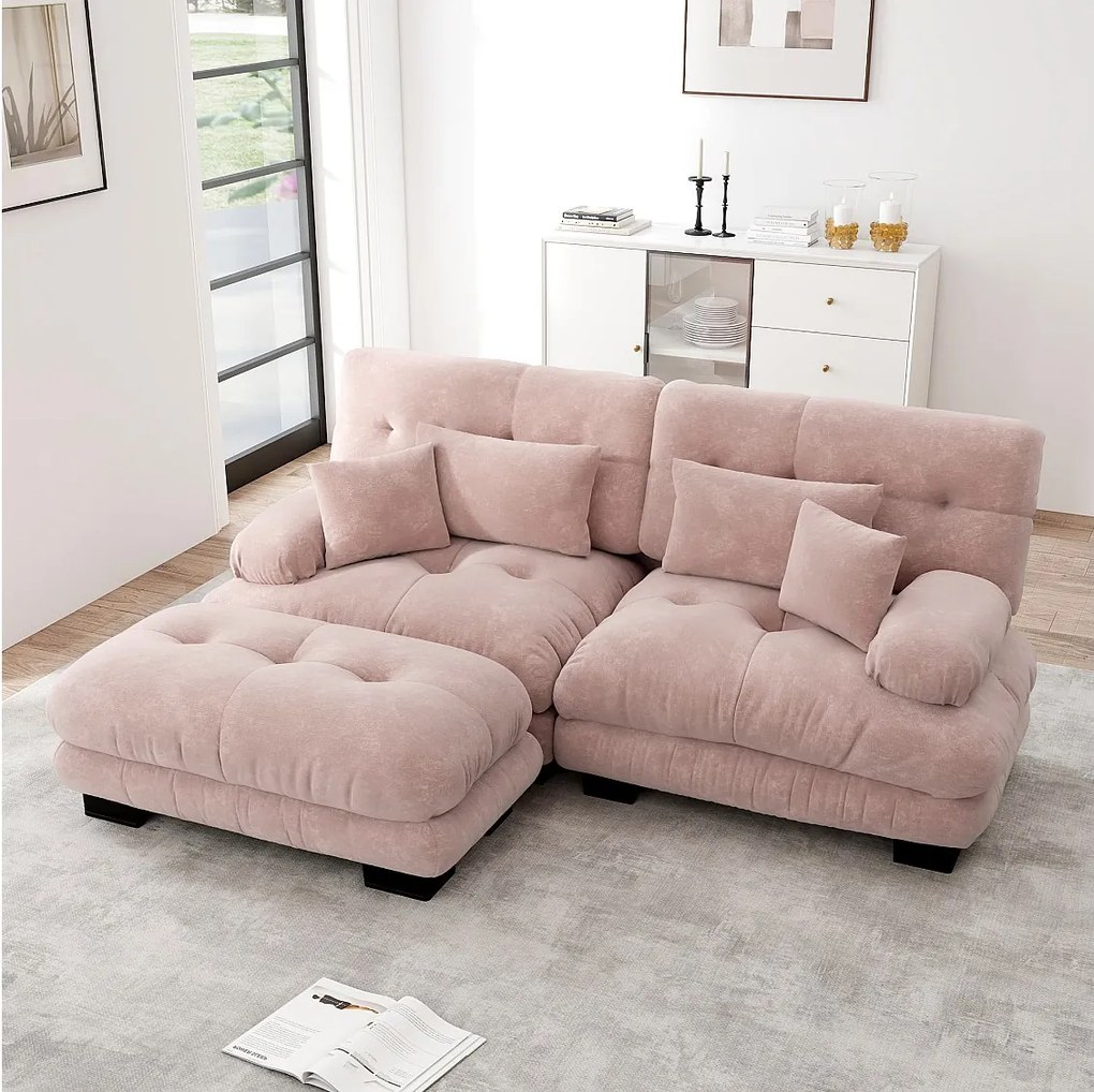 Różowa sofa 2-osobowa - Narożnik z 2 poduszkami lędźwiowymi i 2 poduszkami dekoracyjnymi - Podłokietniki i podnóżek - Szenil
