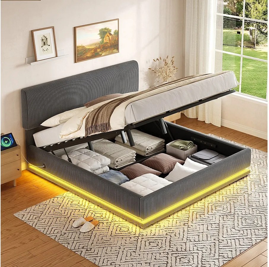 Łóżko tapicerowane hydrauliczne ze schowkiem - 180 x 200 cm - z diodami LED + USB + regulowany zagłówek - welur - szary