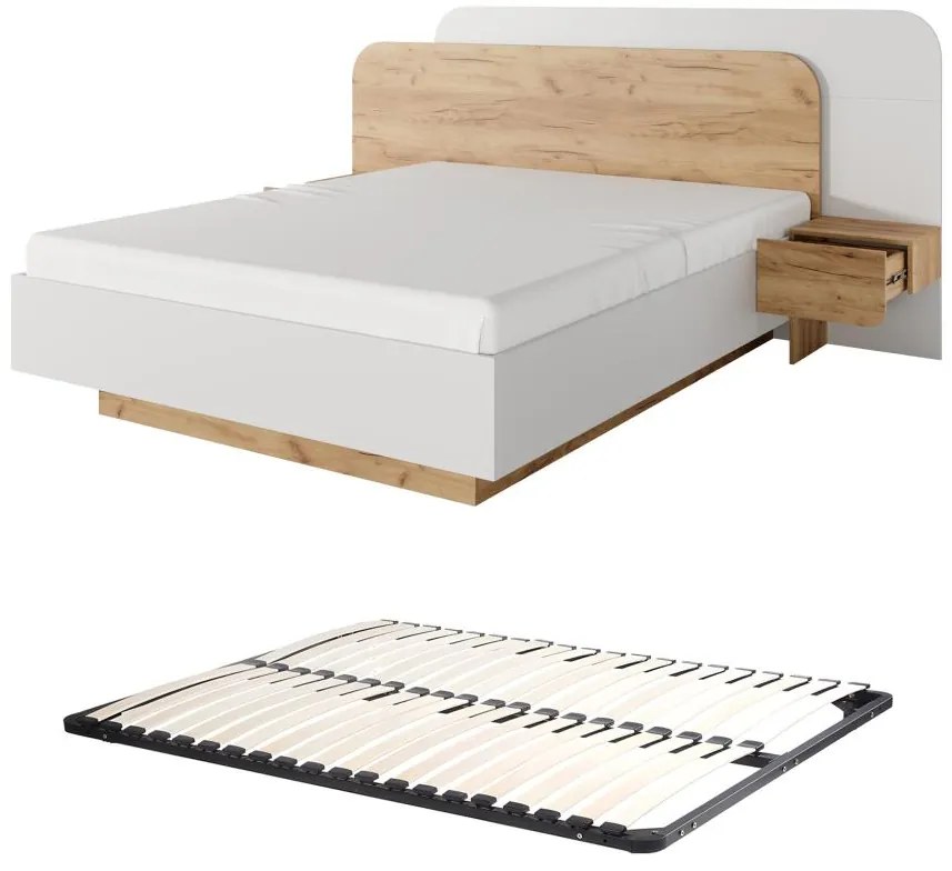 Łóżko z szafkami nocnymi 160 x 200 cm - Z oświetleniem LED - Naturalny i biały + Stelaż - DESADO