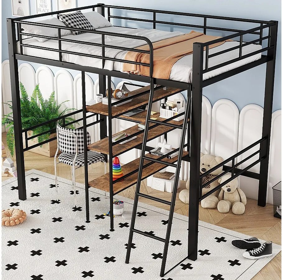 Łóżko antresolowe 90 x 200 cm - Łóżko dziecięce z biurkiem i półką do przechowywania - czarne - bez materaca