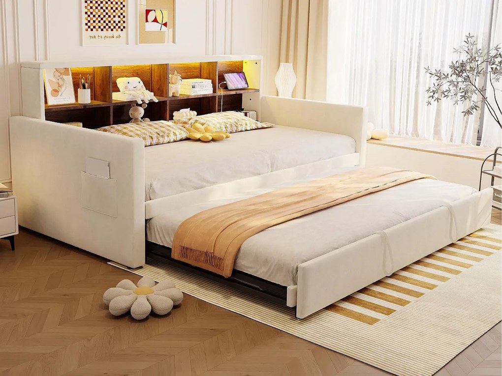 Rozkładana sofa z poduszkami 90x190cm - z oświetleniem LED - z gniazdem ładowania - z wysuwane łóżko - tkanina welurowa - beżowy