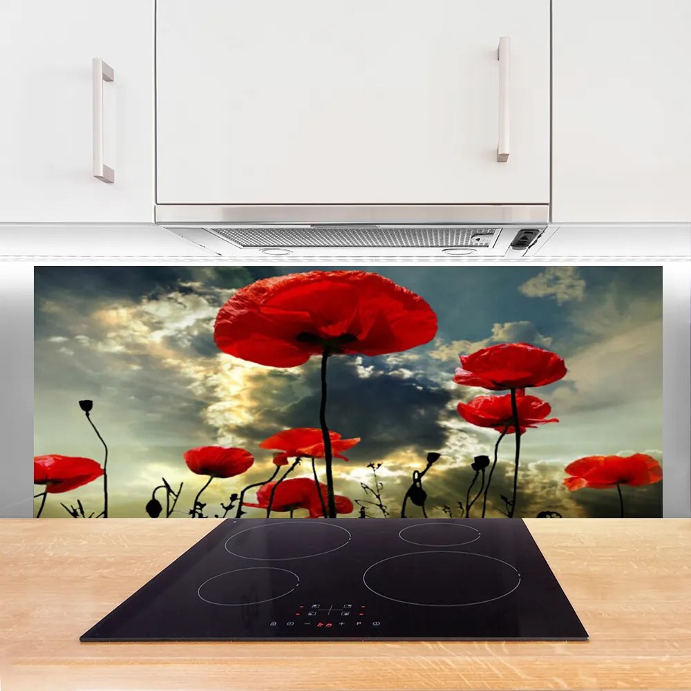 Panel Szklany do Kuchni Czerwone Maki o Poranku