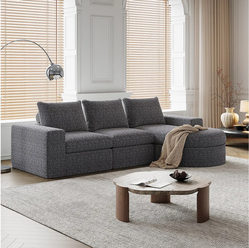 Szara sofa narożna - Sofa 3-osobowa z 3 poduszkami i 2 zagłówkami - szenil