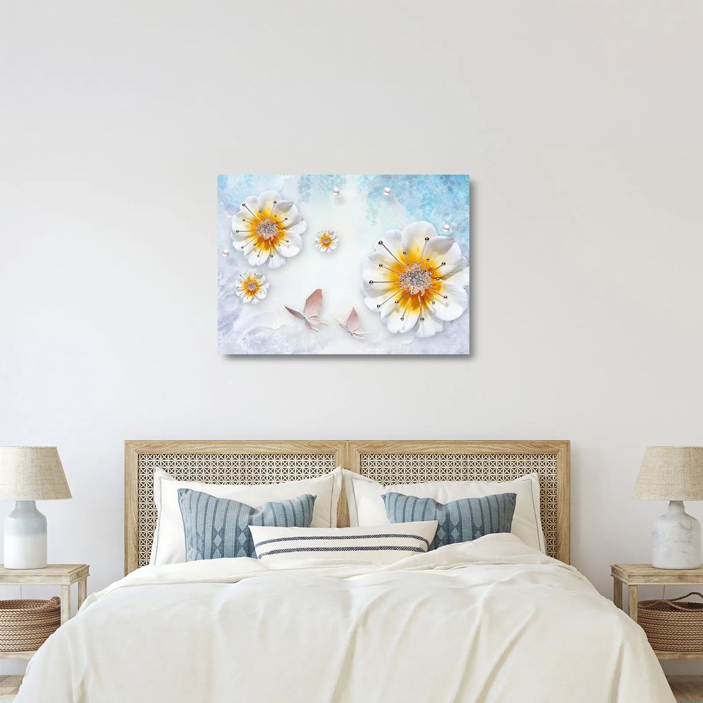 Obraz na szkle - Kompozycja z kwiatami i motylami (70x50 cm)