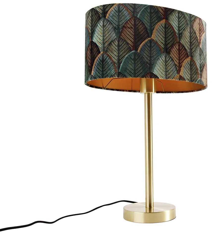 Lampa stołowa mosiężna z owalnym aksamitnym abażurem z motywem liści 35 cm - Simplo Nowoczesny Oswietlenie wewnetrzne